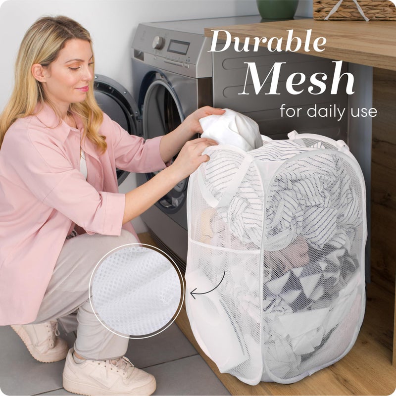 Handy Laundry Collapsible Mesh Pop Up Hamper with Wide Opening and Side Pocket - Breathable, Sturdy, Foldable, and Space-Saving Design for Clothes and Storage (White | 2-Pack) - Image 5